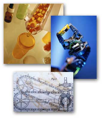 A collage of prescription drugs, a robot arm, and a mechanical design.