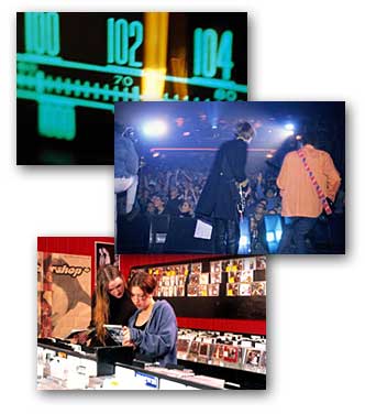 Collage de fotografías con el dial de un radio, un recital de rock y mujeres en una tienda de música